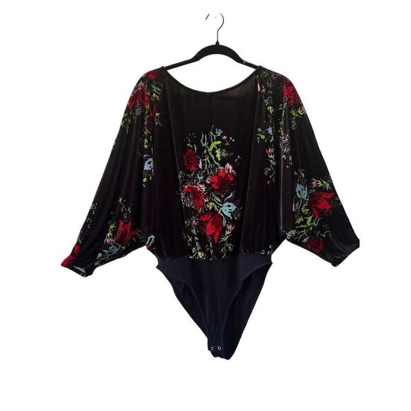 Free People Intimately Floral Dolman Sleeve Velvet Bodysuit Black Medium - Picture 1 of 9